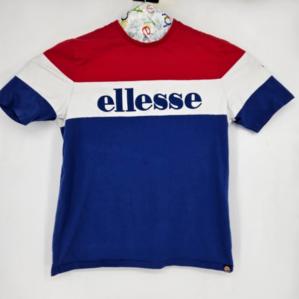 Ellesse T-Shirt Men XXL Blue Red White Colorblock Embroidered Logo Short Sleeve